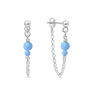 Blue Opal Chain Stud Earrings In Sterling Silver • Dangling Silver Chain Studs • Chain Dangle Pearl Earrings • October Birthstone