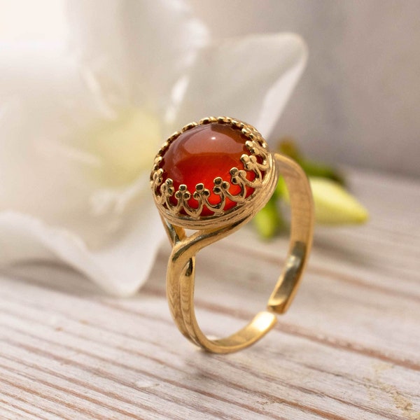 Carnelian Ring, Carnelian Jewelry, Adjustable Ring, Orange Stone Ring, Gemstone Ring, Gold Plated Rings, Red Stone Ring, Handmade Ring