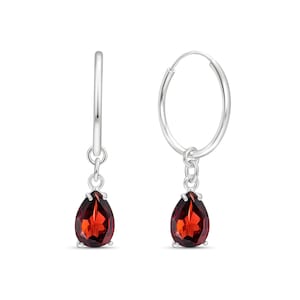 Sterling Silver Garnet Hoop Earrings – January Birthstone Jewelry Gift, Red Teardrop Gemstone Dangle Hoops for Her, Elegant Silver Earrings