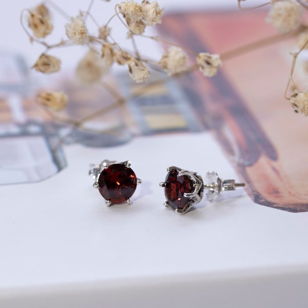 Garnet Stud Earrings, 925 Sterling Silver, 7mm Round, January Birthstone, Vintage Style, Handmade, Garnet Jewelry, Fashion Jewelry