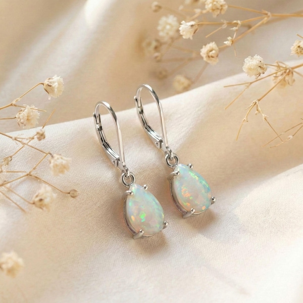 Opal Leverback Earrings, White Drop Earrings, 925 Sterling Silver, Teardrop Dangles, October Birthstone, Opal Jewelry, Classic Earrings