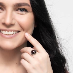 Adjustable Ring For Women, Gemstone Statement Ring, Large Stone Ring, Garnet Jewelry, 925 Sterling Silver Open Ring, Boho Chic Style