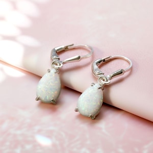 White Opal Leverback Earrings, 925 Sterling Silver, Drop Earrings, October Birthstone, White Opal Jewelry, Fashion Jewelry