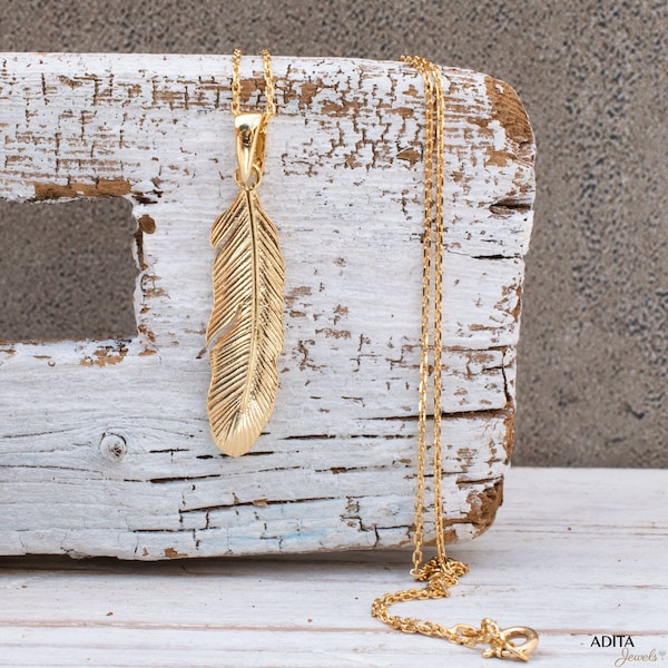 Feather Necklace, Boho Necklace, Delicate Pendant, 14K Yellow Gold Plated 925 Sterling Silver, Long Necklace, Simple Necklace, Gold Pendant