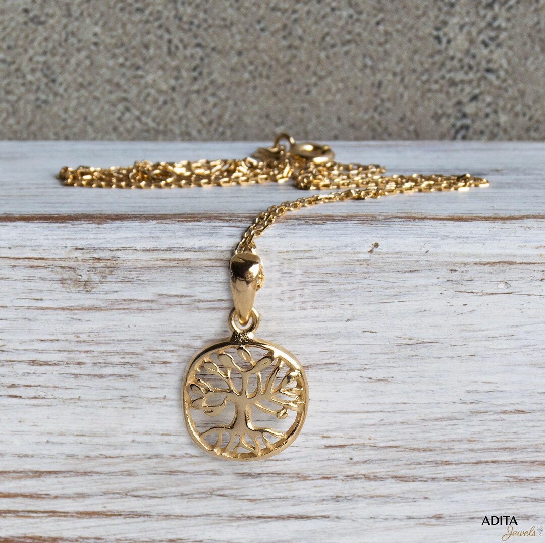 Yellow Gold Plated Tree of Life Pendant, Round Circle Tree Necklace ...