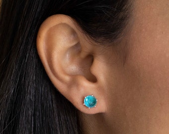 Turquoise Stud Earrings For Women, 925 Sterling Silver Earrings, Gemstone Earrings, December Birthstone, 7mm Round Studs, Push Back Closure