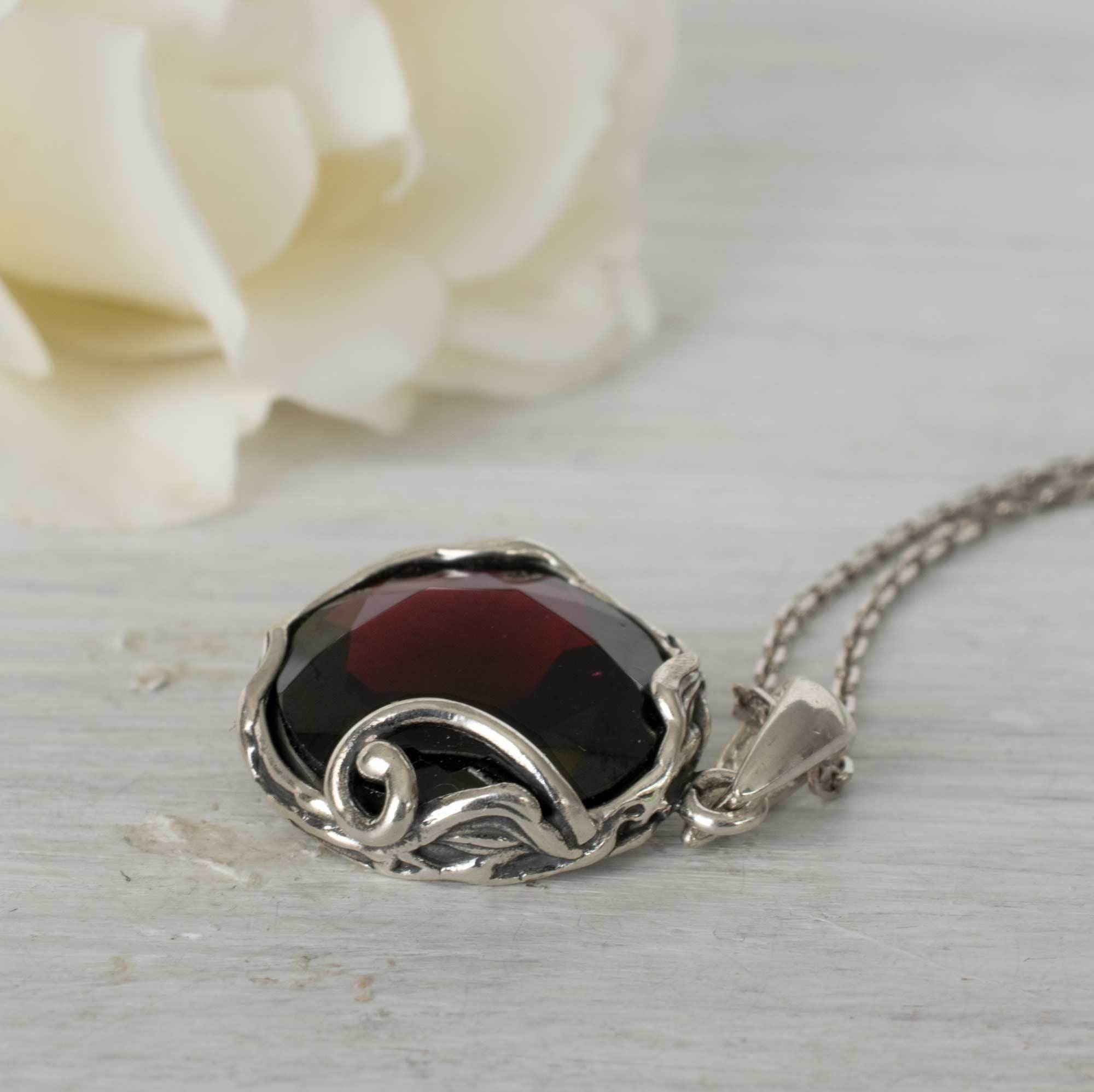 Handmade 925 Sterling Silver Garnet Necklace - 18 Inch, Pear Cut Red Garnet, Ethnic Bell Pendant, Women’s Gift Jewelry