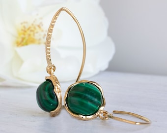 Malachite Gold Plated Earrings, Malachite Jewelry, Malachite Earrings, Green Gemstone, Dangle Earrings, Vintage Style Earrings