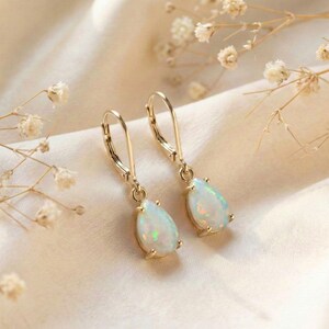 Yellow Gold Plated Sterling Silver Teardrop Earrings with White Opal – Elegant Jewelry