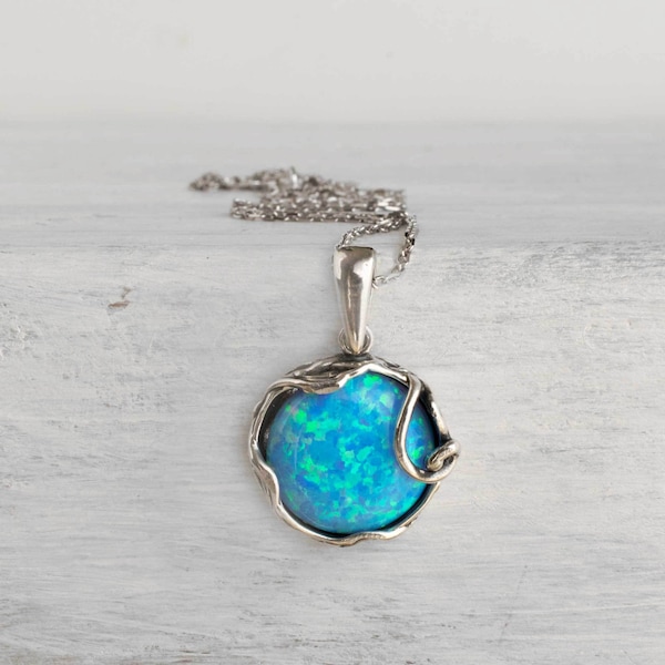 Collier opale bleue, pendentif de style vintage, collier en argent sterling, bijoux en opale, collier de pierres précieuses en argent, bijoux tendance, argent véritable