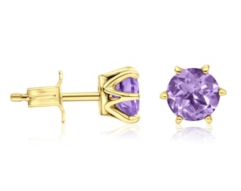 14K Gold Plated Amethyst Stud Earrings By Aditagold • Round Cut 5Mm Natural Stone Purple Earrings • 6 Prong Gold Plated Gemstone Studs