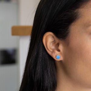 Blue Opal Stud Earrings For Women, 925 Sterling Silver Earrings, Gemstone Earrings, October Birthstone, 7mm Round Studs, Push Back Closure
