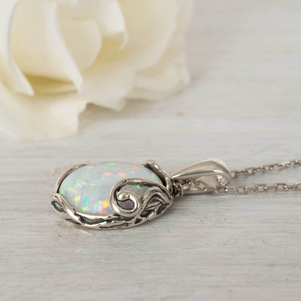 Silver White Opal Pendant, 925 Sterling Silver Opal Necklace, White Opal Silver Pendant, October Birthstone Necklace, Delicate Necklace