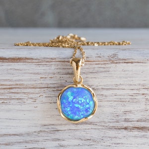 Blue Opal Necklace, 14K Gold Plated Silver Pendant & Necklace, 12 Mm Gemstone, Vintage Jewelry Gift For Women, Statement Jewelry, Handmade