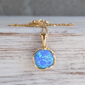 Blue Opal Necklace, 14K Gold Plated Silver Pendant & Necklace, 12 Mm Gemstone, Vintage Jewelry Gift For Women, Statement Jewelry, Handmade