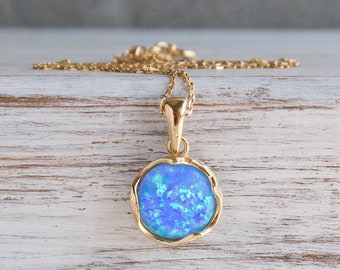 Blue Opal Necklace, 14K Gold Plated Silver Pendant & Necklace, 12 Mm Gemstone, Vintage Jewelry Gift For Women, Statement Jewelry, Handmade