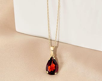 Red Garnet Teardrop Pendant ,Yellow Gold Plated Garnet Necklace, Vintage Jewelry, Garnet Pendant, Necklaces For Women, October Gemstone