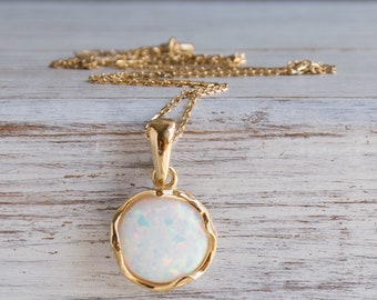 White Opal Necklace, 14K Gold Plated Silver Pendant & Necklace, 12 Mm Gemstone, Dainty Pendant, Statement Jewelry Gift for Women