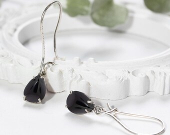 Handmade Teardrop Black Onyx Earrings, 925 Sterling Silver Dangle