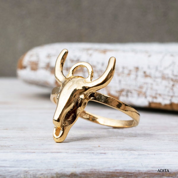 14k Gold Plated Ring, Bull Ring, Sterling Silver Ring, Statement Ring, Gold Plated Ring, Boho Ring, Bull Jewelry, Handmade Ring