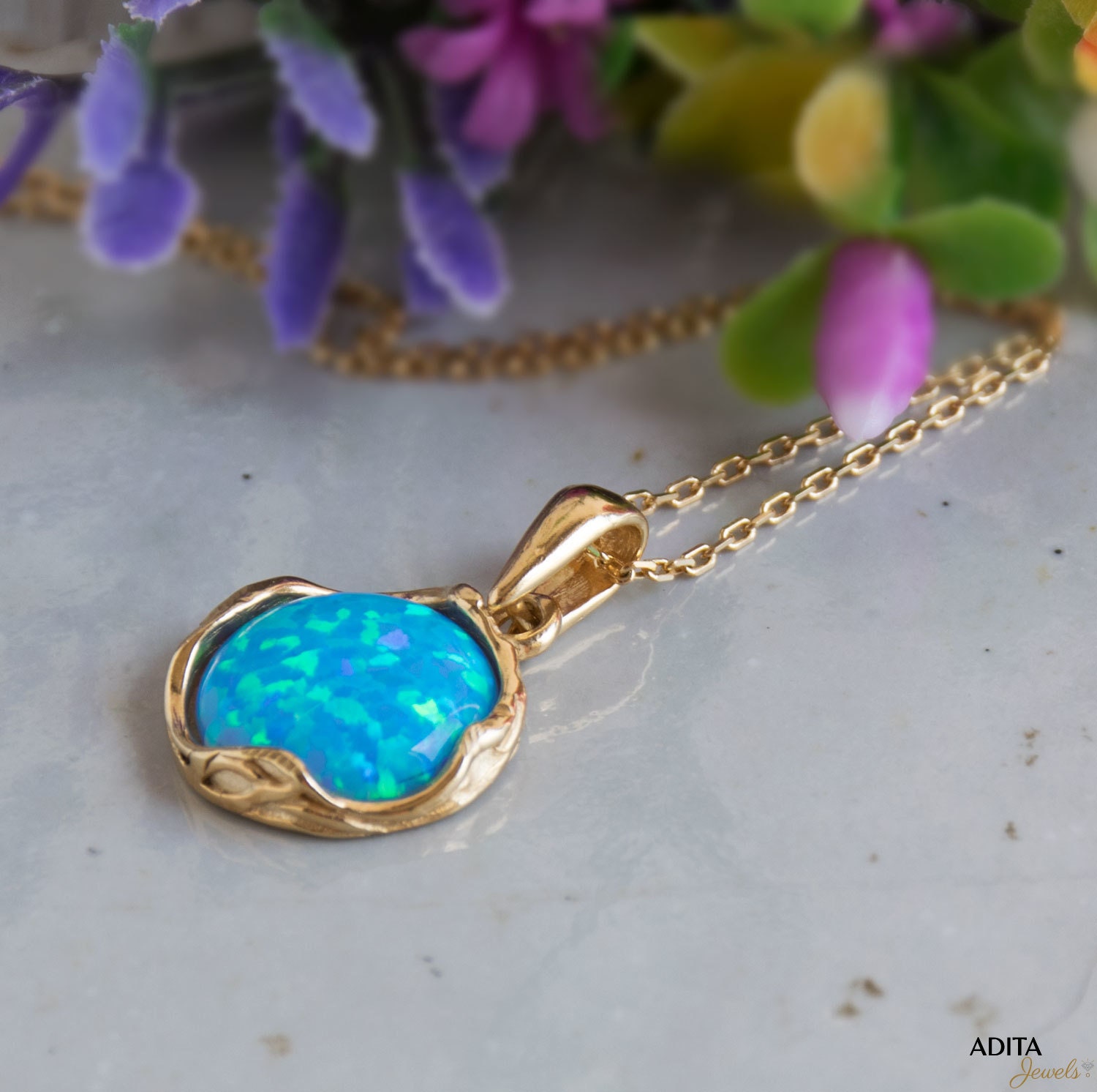 Blue Opal Necklace K Gold Plated Silver Pendant Necklace Etsy