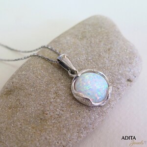 Silver Necklace with White Opal Pendant, 12 Mm Silver opal jewelry Pendant, Dainty Necklace, Opal Necklace, Birthstone Jewelry image 7