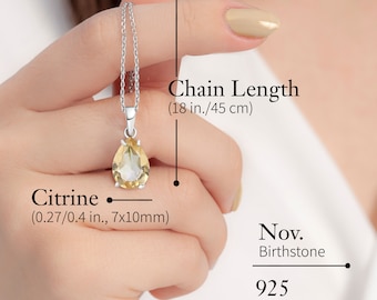 Citrine Necklace, 925 Sterling Silver, 7x10mm Teardrop Pendant, November Birthstone, Vintage Style, , Citrine Jewelry, Fashion Jewelry