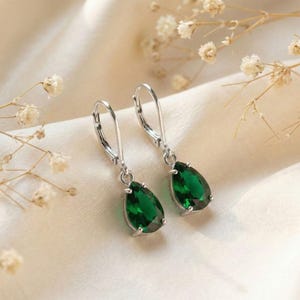 Sterling Silver Emerald Leverback Earrings, Handmade Birthstone Jewelry, Elegant Drop Earrings, Minimalist Gemstone Earrings, Gift for Her