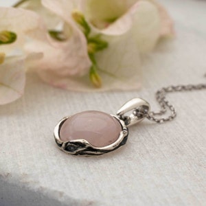 Rose Quartz Necklace, 925 Sterling Silver, 12mm Round Pendant, Light Pink Gemstone, Vintage Style, Rose Quartz Jewelry, Fashion Jewelry image 6