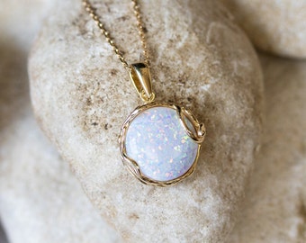 14K Gold Plated White Opal Pendant Necklace, 925 Sterling Silver, October Birthstone, 12mm Round Pendant, Gemstone Pendant, Fashion Jewelry