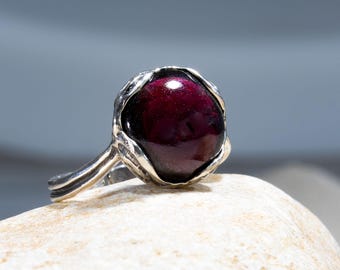 Handmade Sterling Silver Red Garnet Ring, Adjustable Band