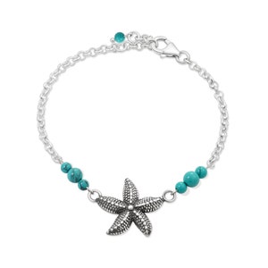 Sterling Silver Turquoise Bracelet, Adjustable Bracelet, Sea Star Bracelet, December Birthstone, Turquoise Beads, Women's Accessory