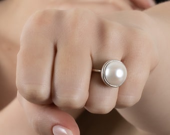 925 Sterling Solid Silver 14 Mm White Pearl Round Ring, Statement Ring, Pearl Ring, June Birthstone, Christmas Gift, Handmade