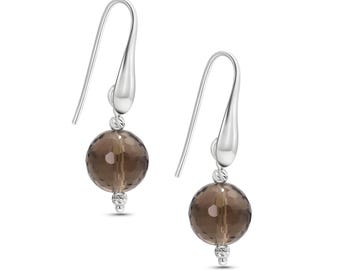 Handmade Sterling Silver Smoky Quartz Earrings • Round Dangle Design