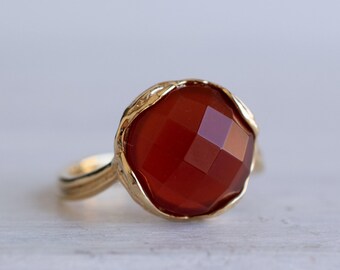 Handmade 14K Gold Carnelian Ring, Sterling Silver, August Birthstone