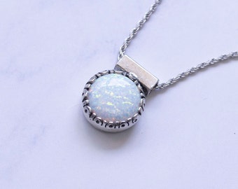 White Opal Necklace, October Birthstone, 12mm Vintage Pendant, Sterling Silver, Gemstone Necklace, Bridal Jewelry Gift