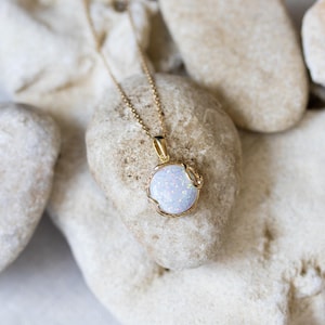 14K Gold Plated White Opal Pendant Necklace, 925 Sterling Silver, October Birthstone, 12mm Round Pendant, Gemstone Pendant, Fashion Jewelry