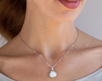 Silver Necklace with White Opal Pendant, 12 Mm Silver opal jewelry Pendant, Dainty Necklace, Opal Necklace, Birthstone Jewelry