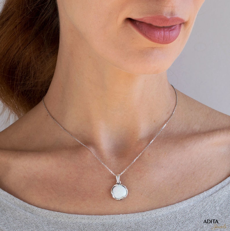 Silver Necklace with White Opal Pendant, 12 Mm Silver opal jewelry Pendant, Dainty Necklace, Opal Necklace, Birthstone Jewelry image 1