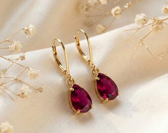 14K Gold Plated Ruby Earrings, Teardrop Dangle, Handmade Jewelry