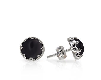 Handmade Black Onyx Sterling Silver Stud Earrings, July Birthstone