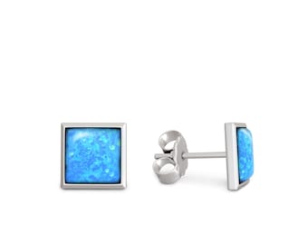 Sterling Silver Blue Opal Stud Earrings, Handmade Square Jewelry