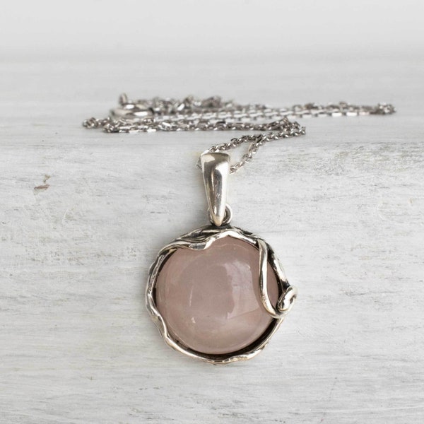 925 Sterling Silver Rose Quartz Necklace, Vintage Style Pendant, Rose Quartz Jewelry, Antique Necklace, Birthstone Necklace, Women Necklace