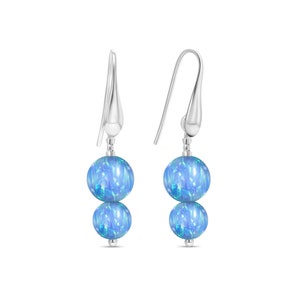 Silver Blue Opal Drop Earrings • Dangle Earrings With White Pearl Beads • Dangling Beaded Hook Earrings • October Birthstone Earrings