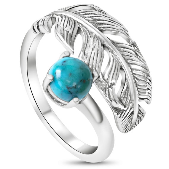 Adjustable Feather Ring With Turquoise, 925 Sterling Silver, Open