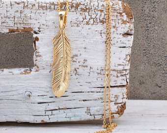 Gold Plated Feather Necklace, Boho Sterling Silver Pendant