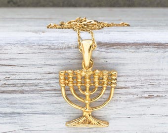 Handmade Gold Plated Sterling Silver Menorah Necklace, Jewish Jewelry