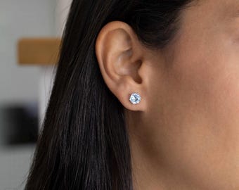 Handmade Blue Topaz Stud Earrings, 925 Sterling Silver, Round Gemstone