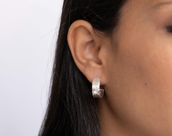 Handmade Oxidized Sterling Silver Hoop Stud Earrings, Flower Texture