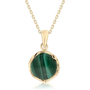 14K Gold Plated Malachite Pendant Necklace, 925 Sterling Silver, October Birthstone, 12mm Round Pendant, Gemstone Pendant, Fashion Jewelry